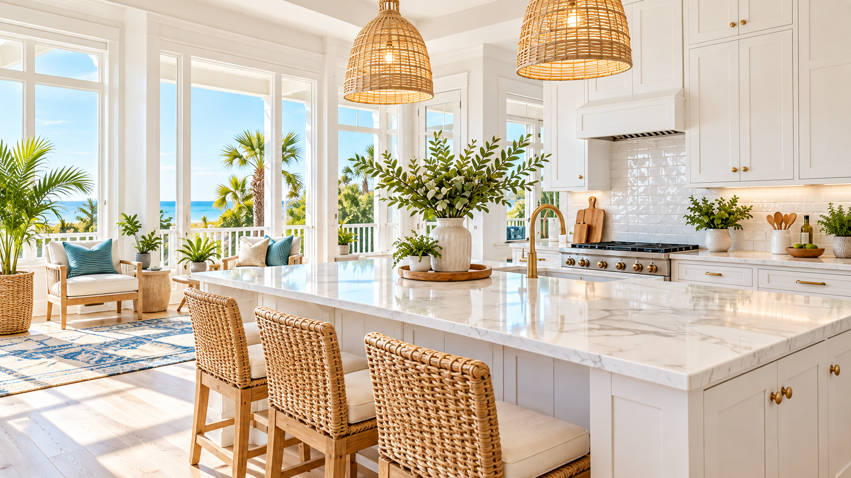 Bright coastal kitchen with white surfaces, woven chairs, and warm natural light
